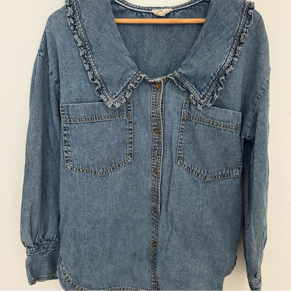 Pilcro Denim Blouse with Ruffled Collar